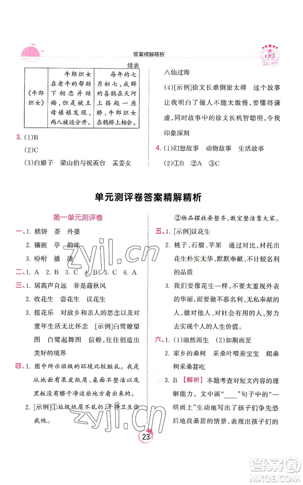 江西人民出版社2022王朝霞德才兼?zhèn)渥鳂I(yè)創(chuàng)新設計五年級上冊語文人教版參考答案