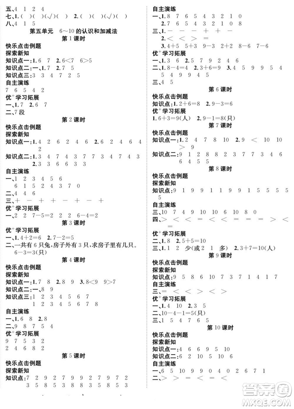 合肥工業(yè)大學(xué)出版社2022快樂學(xué)習(xí)隨堂練數(shù)學(xué)一年級(jí)上冊RJ人教版答案