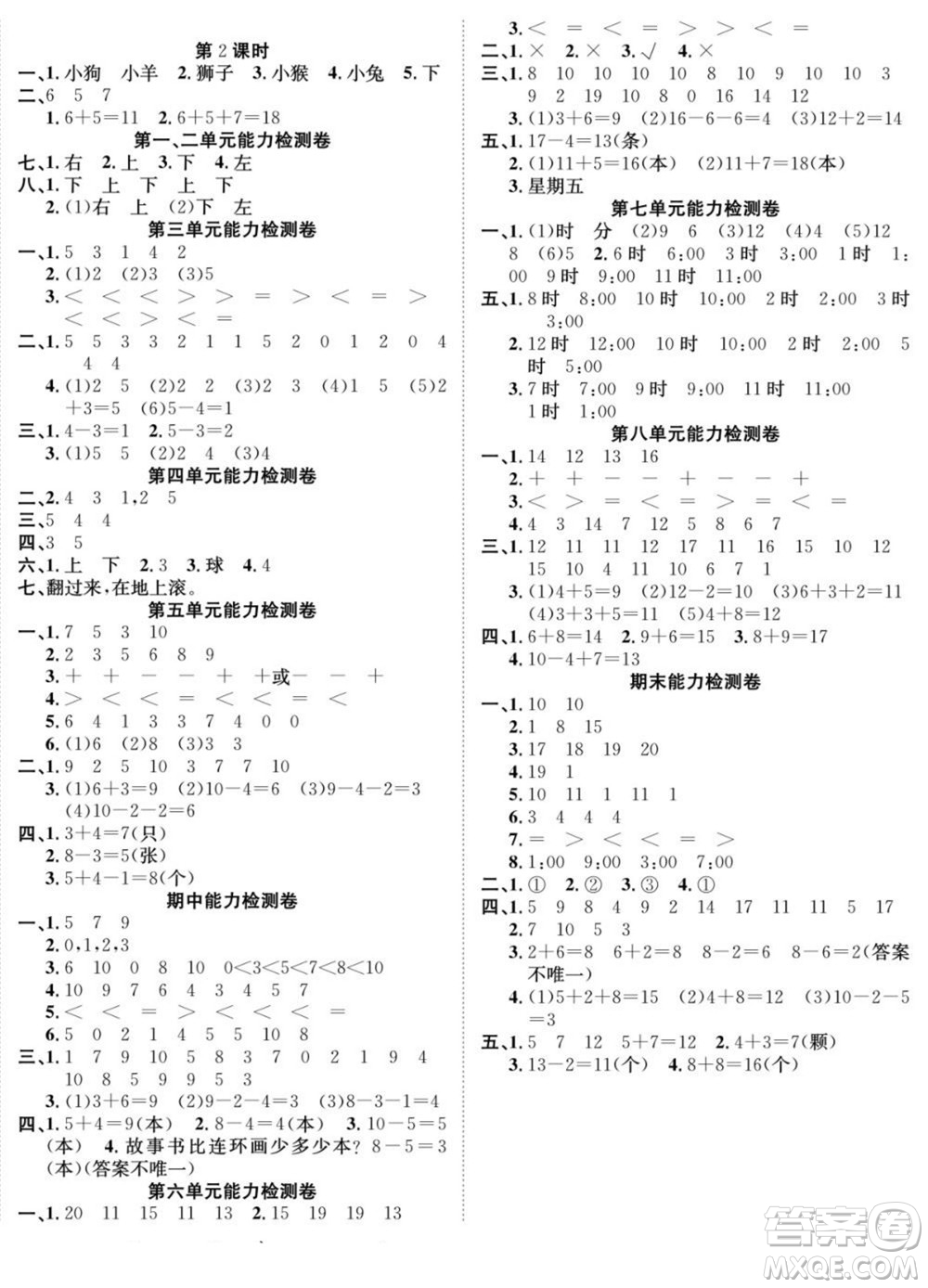 合肥工業(yè)大學(xué)出版社2022快樂學(xué)習(xí)隨堂練數(shù)學(xué)一年級(jí)上冊RJ人教版答案