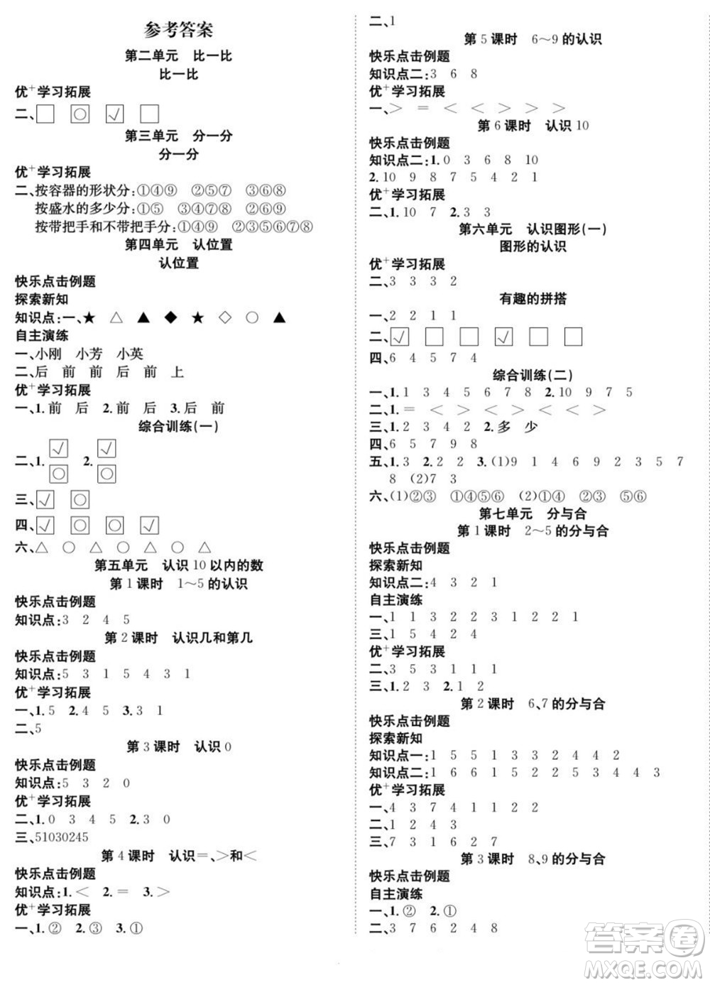 合肥工業(yè)大學出版社2022快樂學習隨堂練數(shù)學一年級上冊SJ蘇教版答案