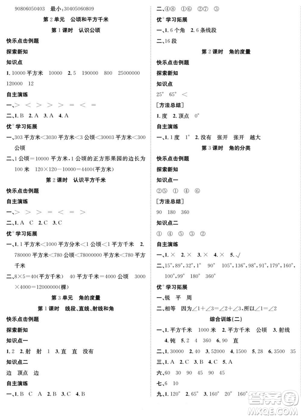 合肥工業(yè)大學(xué)出版社2022快樂(lè)學(xué)習(xí)隨堂練數(shù)學(xué)四年級(jí)上冊(cè)RJ人教版答案