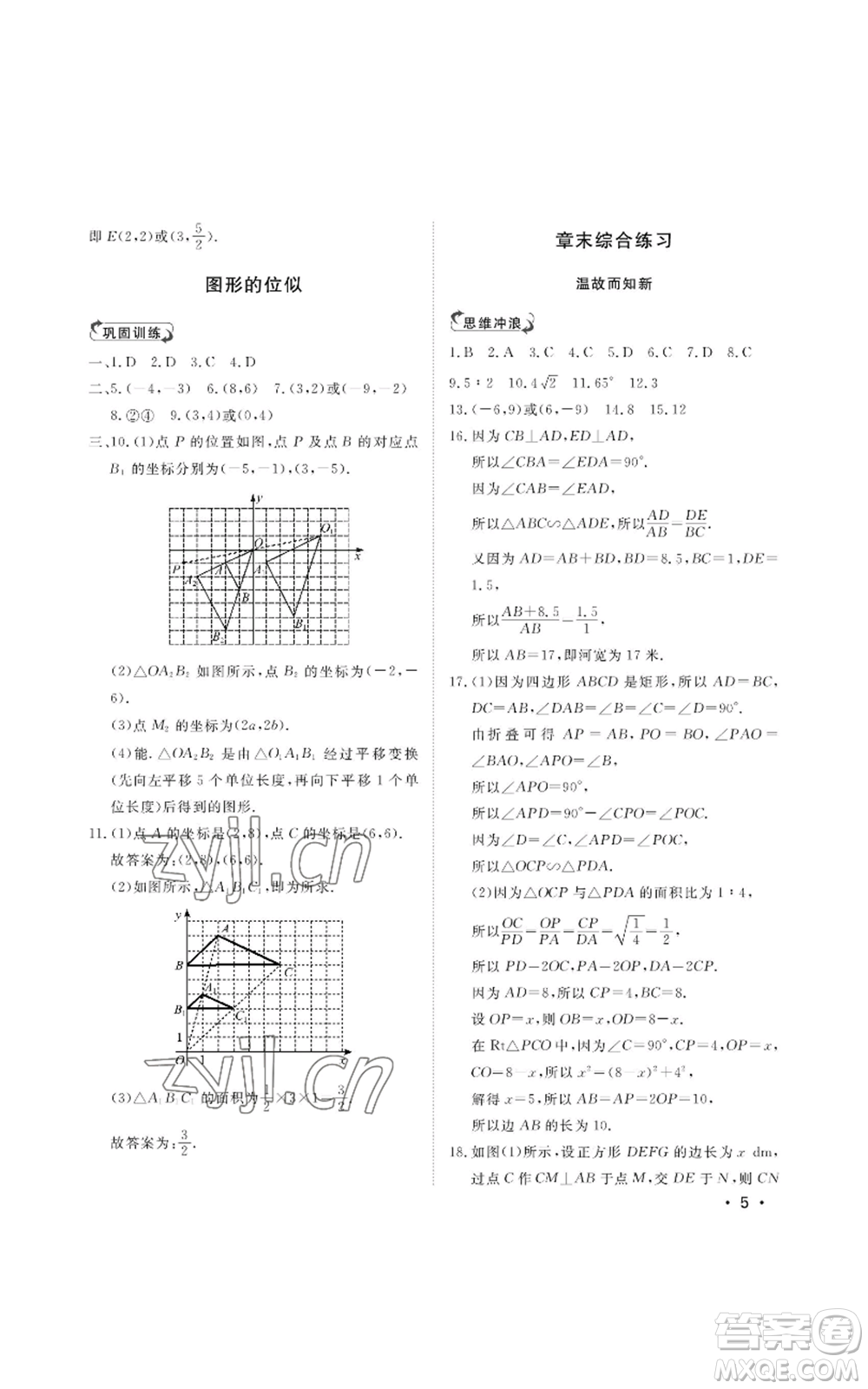 山東人民出版社2022初中卷行知天下九年級(jí)上冊(cè)數(shù)學(xué)青島版參考答案