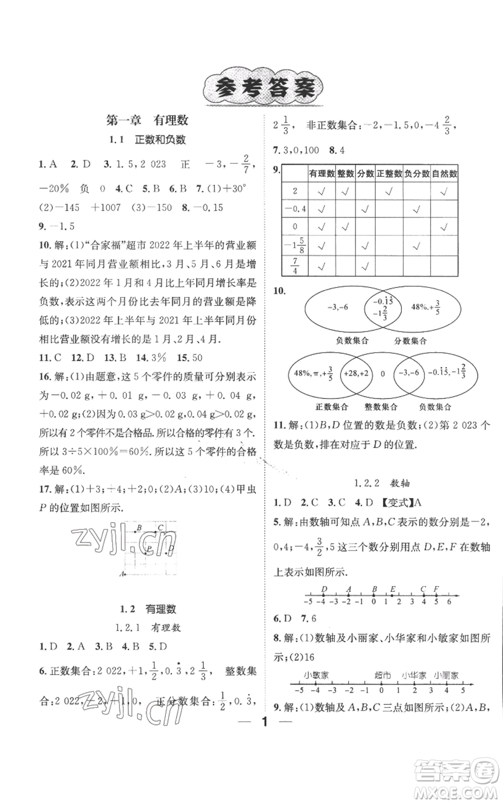 江西教育出版社2022精英新課堂三點(diǎn)分層作業(yè)七年級(jí)上冊(cè)數(shù)學(xué)人教版參考答案