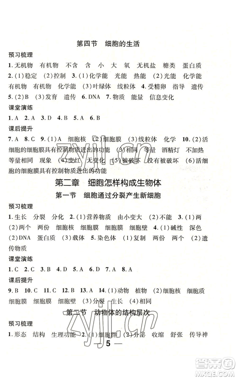 江西教育出版社2022精英新課堂三點(diǎn)分層作業(yè)七年級(jí)上冊(cè)生物人教版參考答案