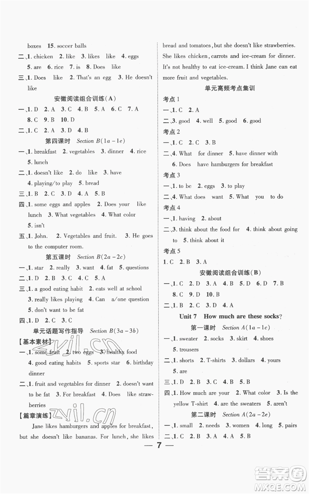 陽光出版社2022精英新課堂七年級上冊英語人教版安徽專版參考答案