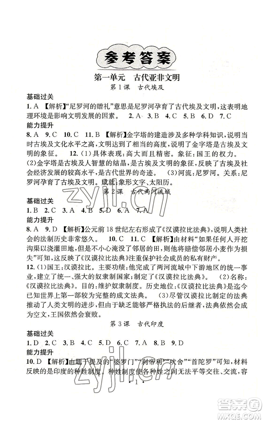 江西教育出版社2022精英新課堂三點分層作業(yè)九年級上冊歷史人教版參考答案