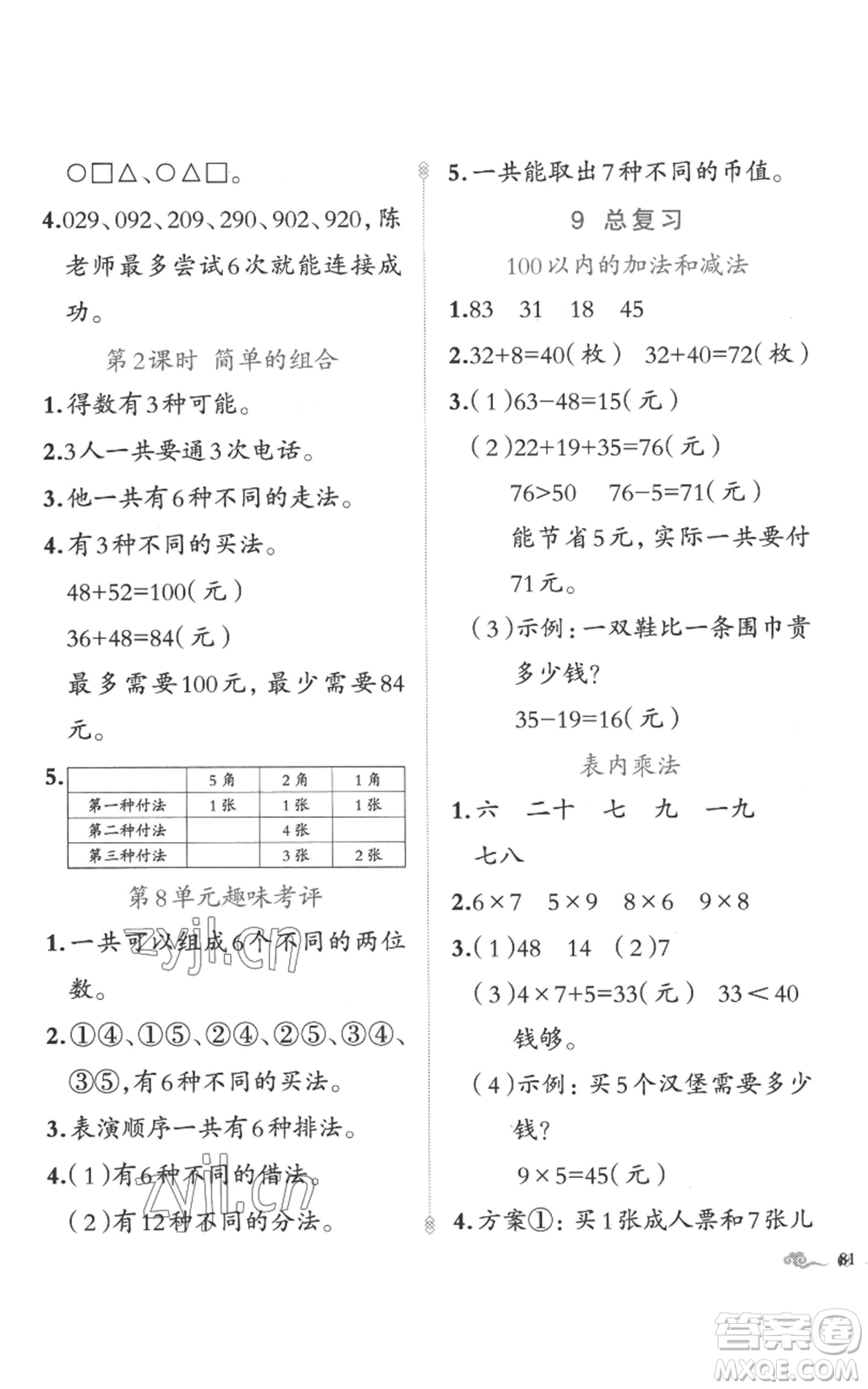 新疆青少年出版社2022黃岡金牌之路練闖考二年級(jí)上冊數(shù)學(xué)人教版參考答案