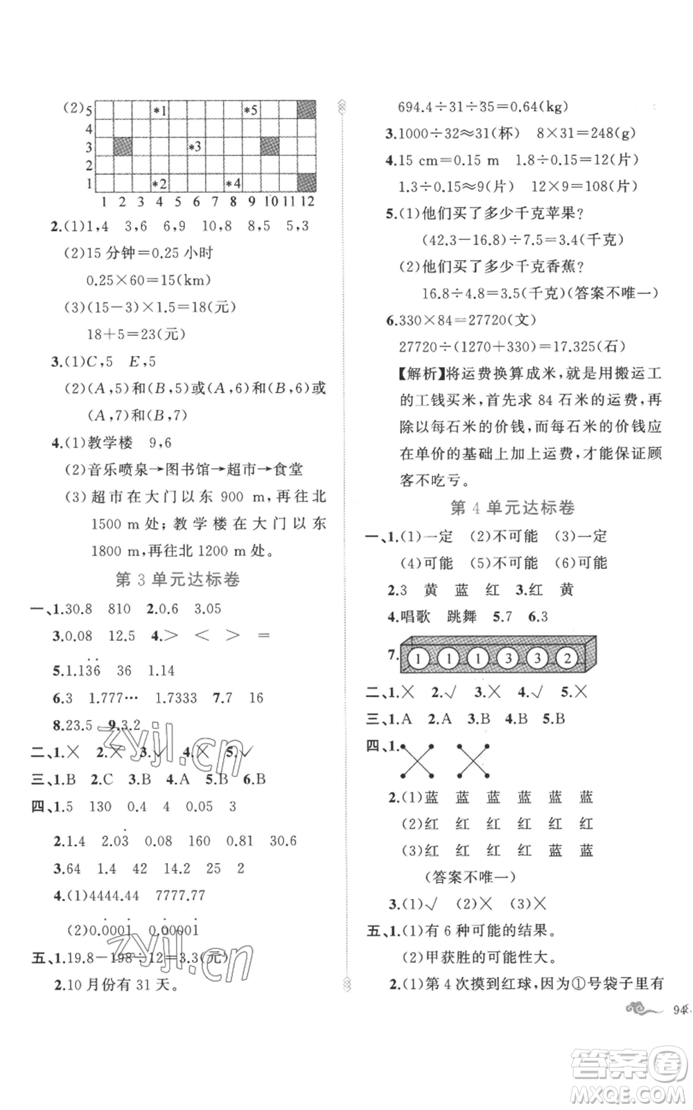 新疆青少年出版社2022黃岡金牌之路練闖考五年級(jí)上冊數(shù)學(xué)人教版參考答案