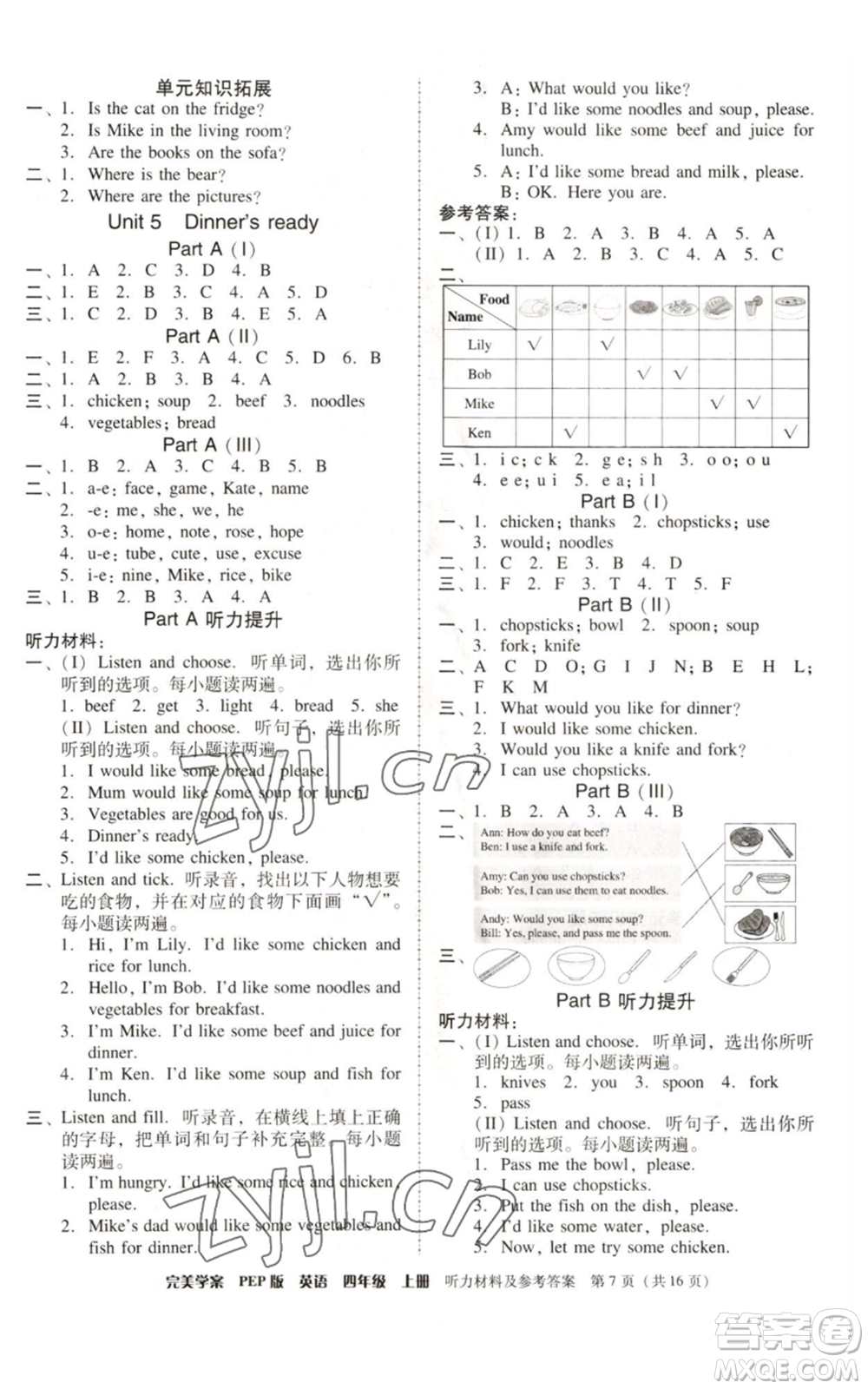 廣東人民出版社2022完美學(xué)案四年級(jí)上冊(cè)英語(yǔ)人教版參考答案