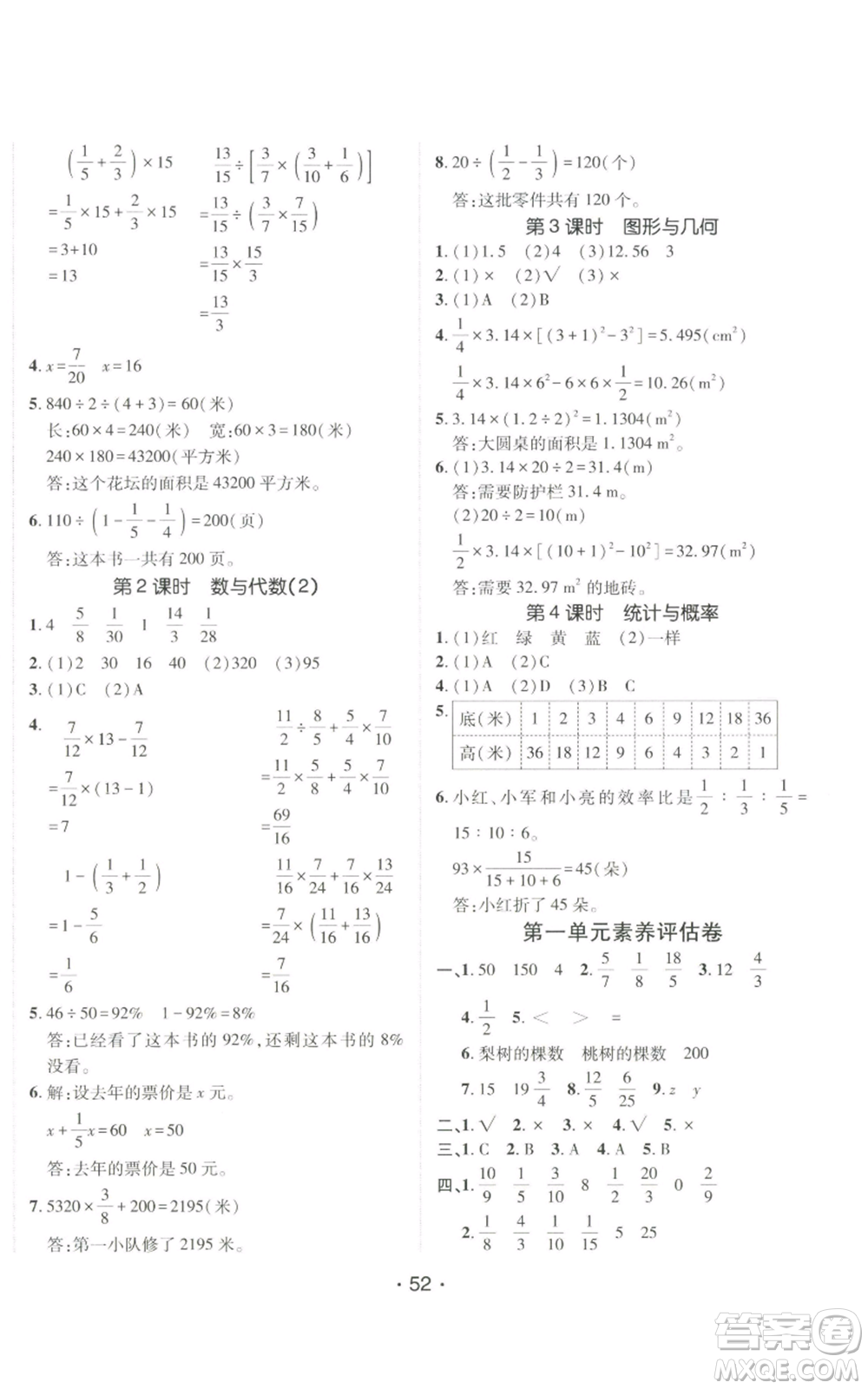 新疆青少年出版社2022同行課課100分過關作業(yè)六年級上冊數(shù)學青島版參考答案