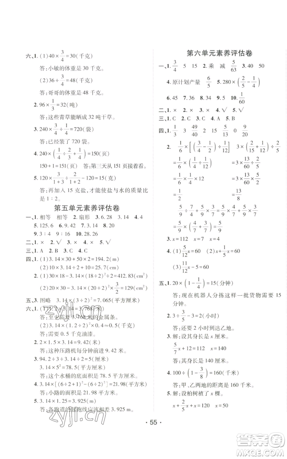 新疆青少年出版社2022同行課課100分過關作業(yè)六年級上冊數(shù)學青島版參考答案