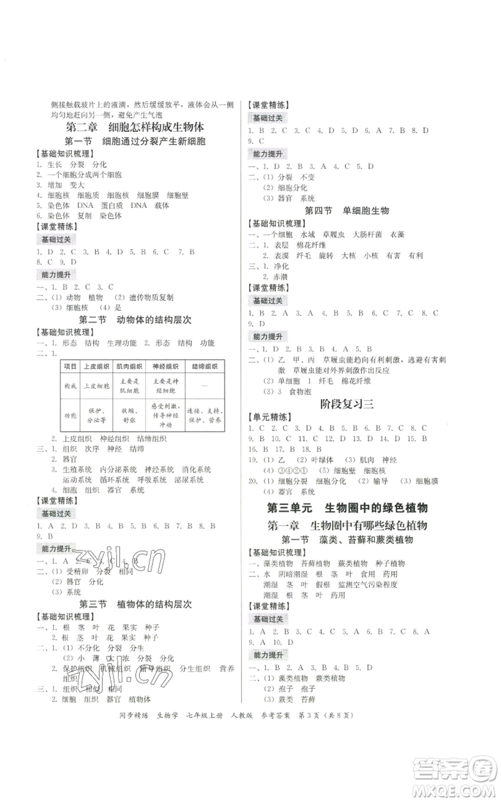 廣東人民出版社2022同步精練七年級上冊生物人教版參考答案