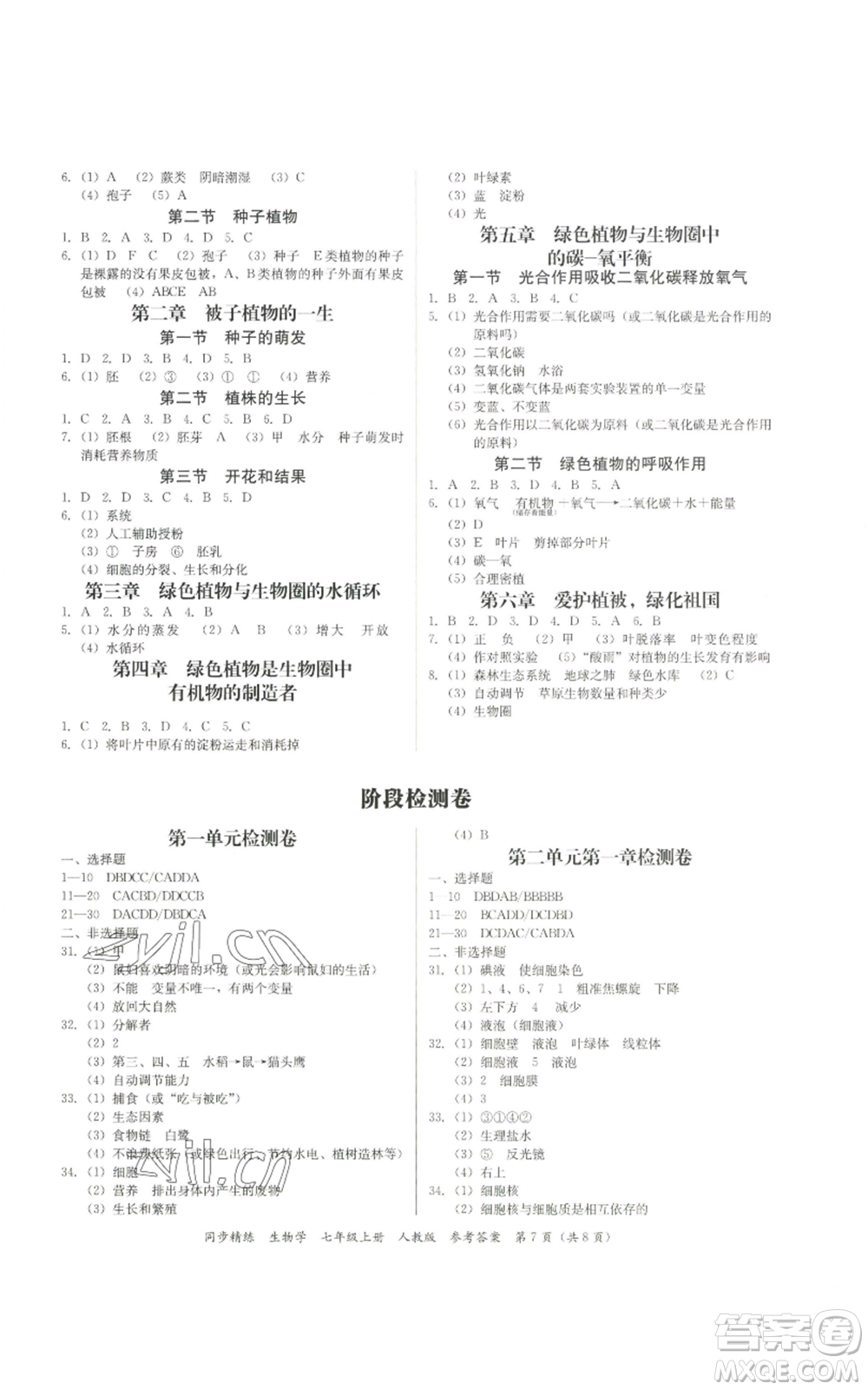 廣東人民出版社2022同步精練七年級上冊生物人教版參考答案