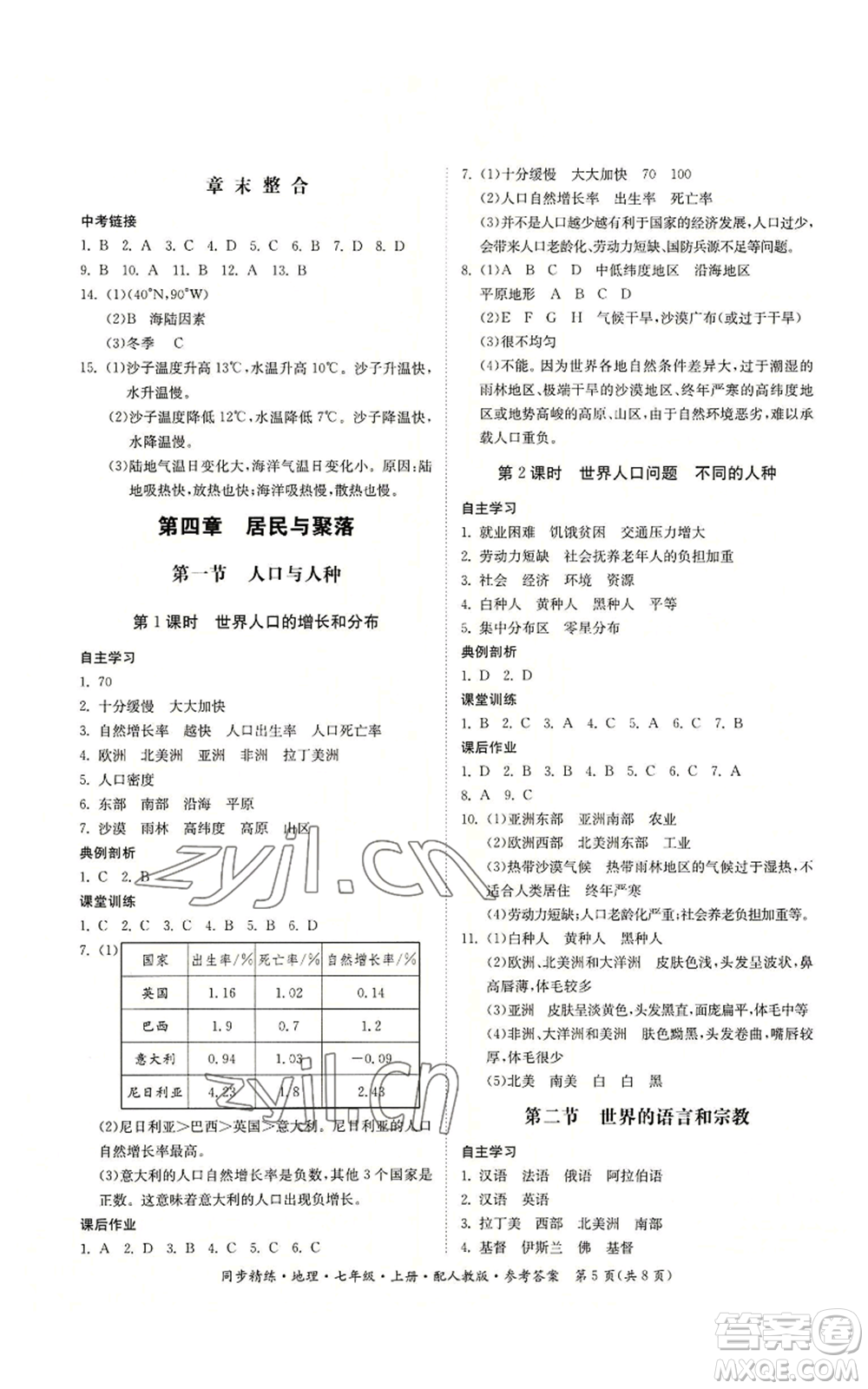 廣東人民出版社2022同步精練七年級(jí)上冊(cè)地理人教版參考答案