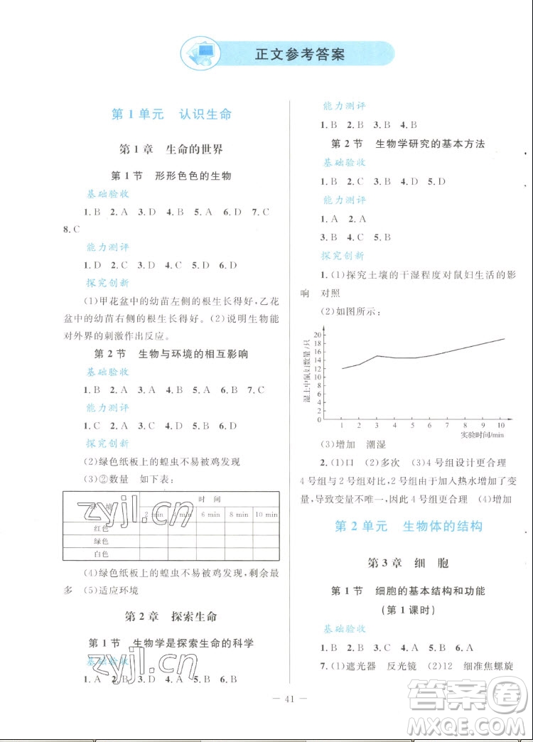 北京師范大學出版社2022秋課堂精練生物七年級上冊北師大版單色版答案