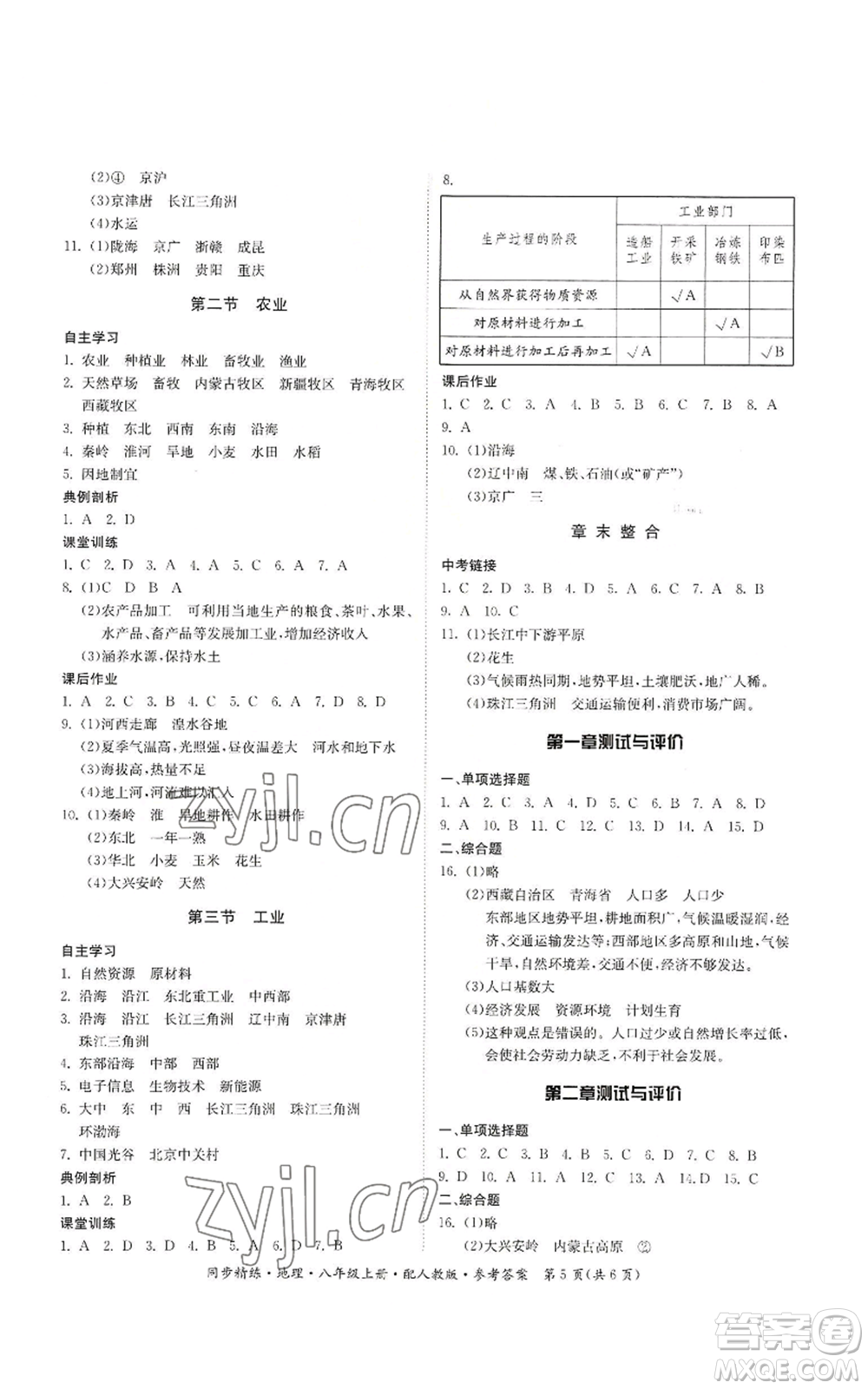 廣東人民出版社2022同步精練八年級上冊地理人教版參考答案