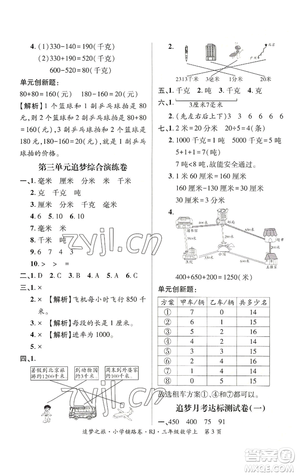 天津科學(xué)技術(shù)出版社2022追夢之旅鋪路卷三年級(jí)上冊數(shù)學(xué)人教版河南專版參考答案