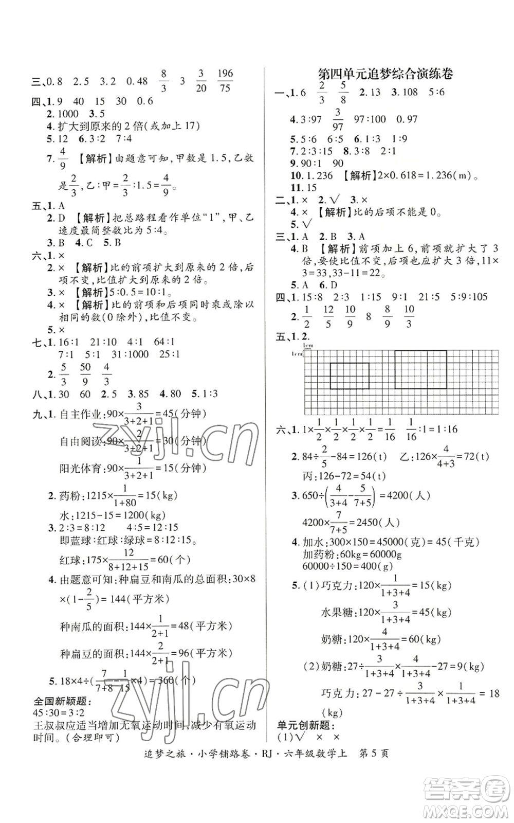 天津科學技術出版社2022追夢之旅鋪路卷六年級上冊數(shù)學人教版河南專版參考答案