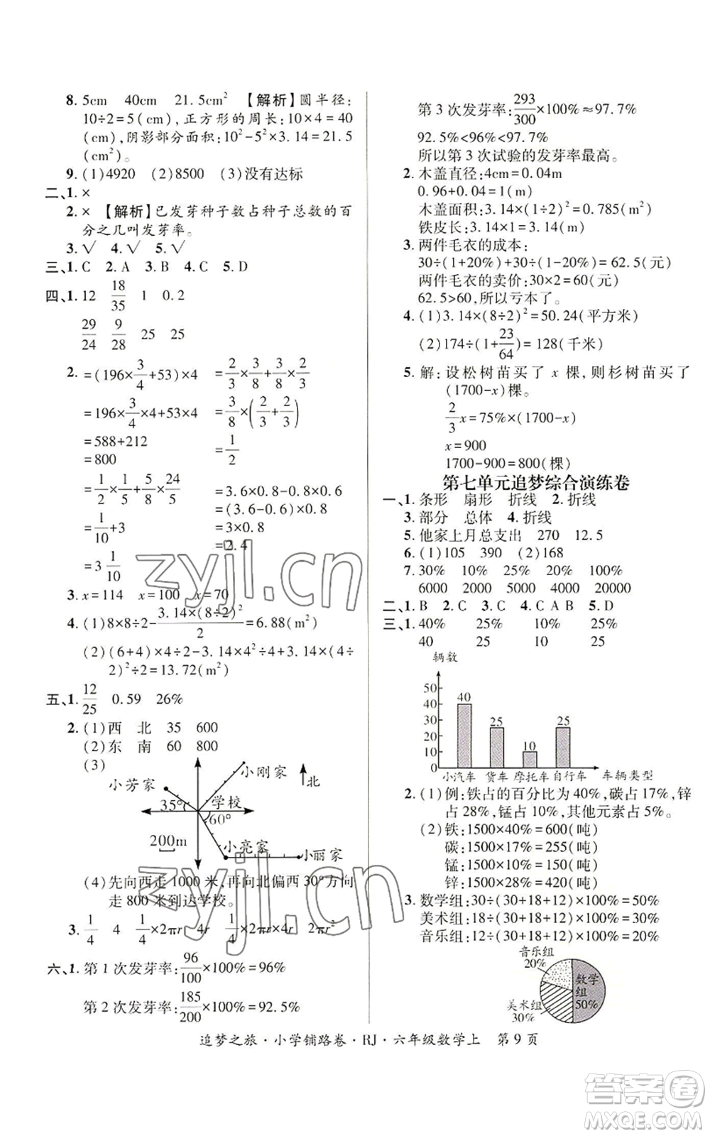 天津科學技術出版社2022追夢之旅鋪路卷六年級上冊數(shù)學人教版河南專版參考答案