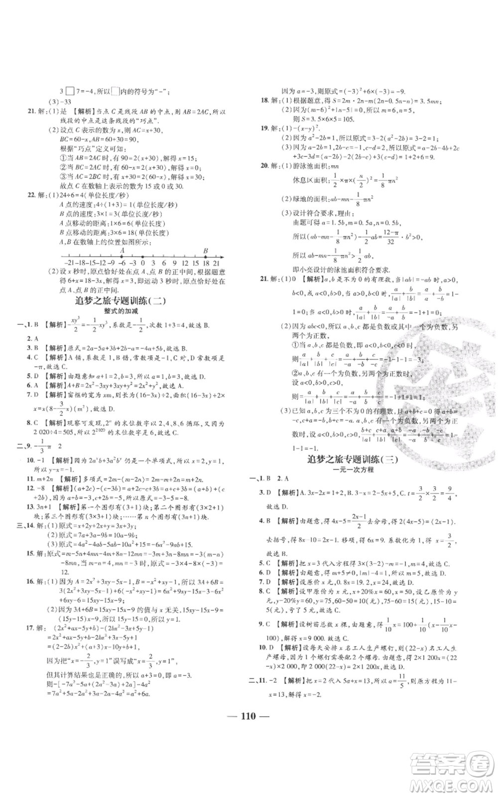 天津科學(xué)技術(shù)出版社2022追夢之旅鋪路卷七年級上冊數(shù)學(xué)人教版河南專版參考答案