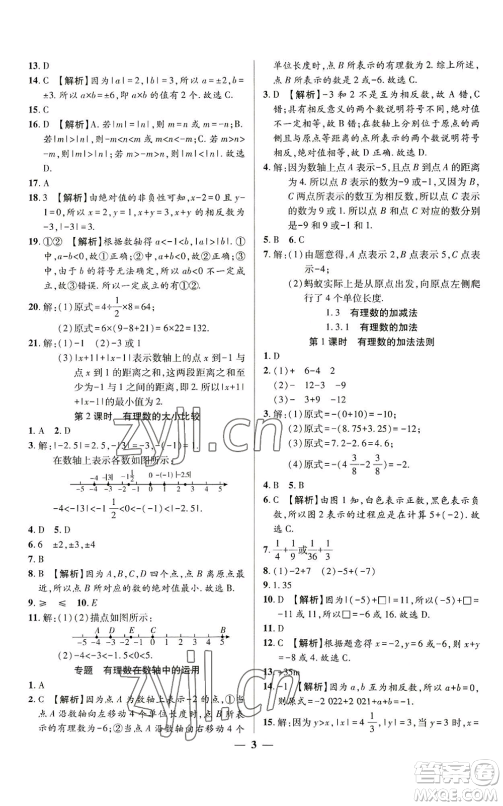 天津科學(xué)技術(shù)出版社2022追夢(mèng)之旅大先生七年級(jí)上冊(cè)數(shù)學(xué)人教版河南專版參考答案