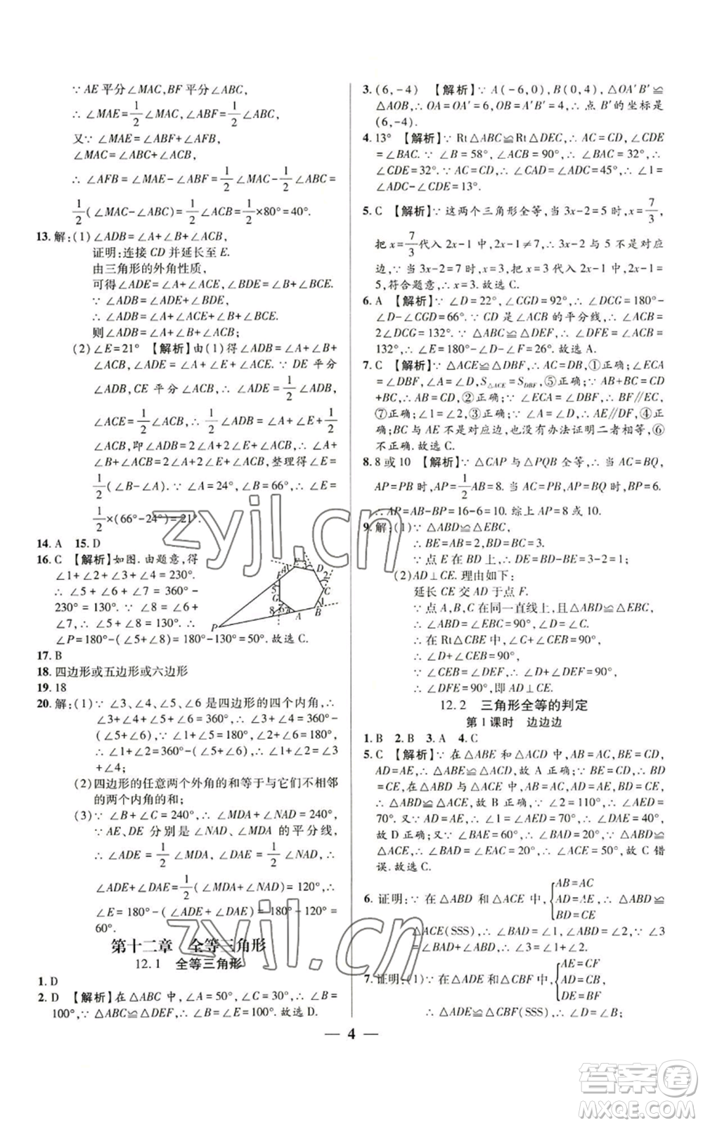 天津科學(xué)技術(shù)出版社2022追夢之旅大先生八年級上冊數(shù)學(xué)人教版河南專版參考答案