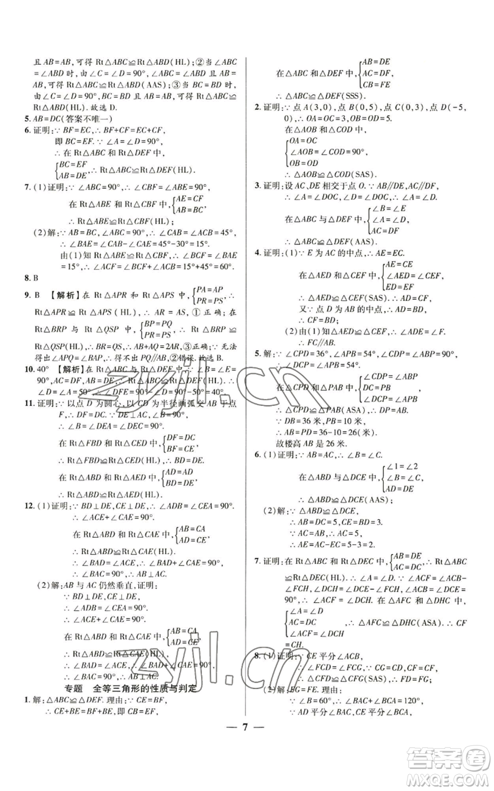 天津科學(xué)技術(shù)出版社2022追夢之旅大先生八年級上冊數(shù)學(xué)人教版河南專版參考答案