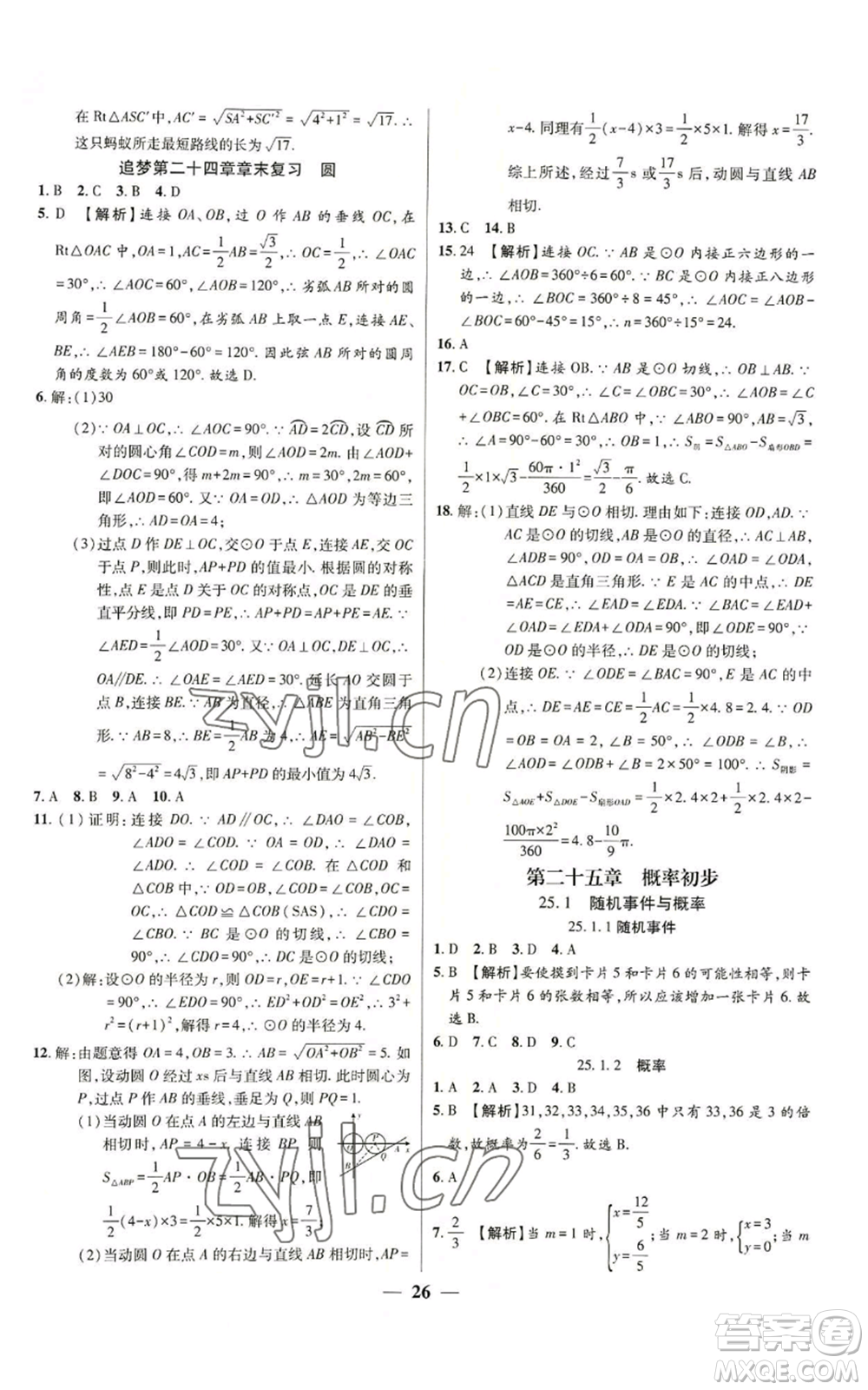 天津科學技術出版社2022追夢之旅大先生九年級上冊數(shù)學人教版河南專版參考答案