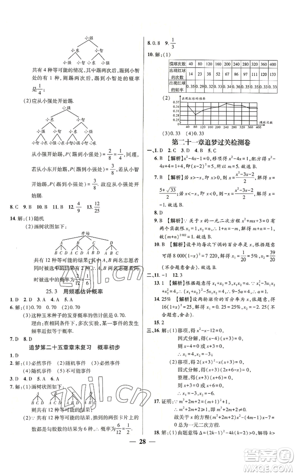 天津科學技術出版社2022追夢之旅大先生九年級上冊數(shù)學人教版河南專版參考答案