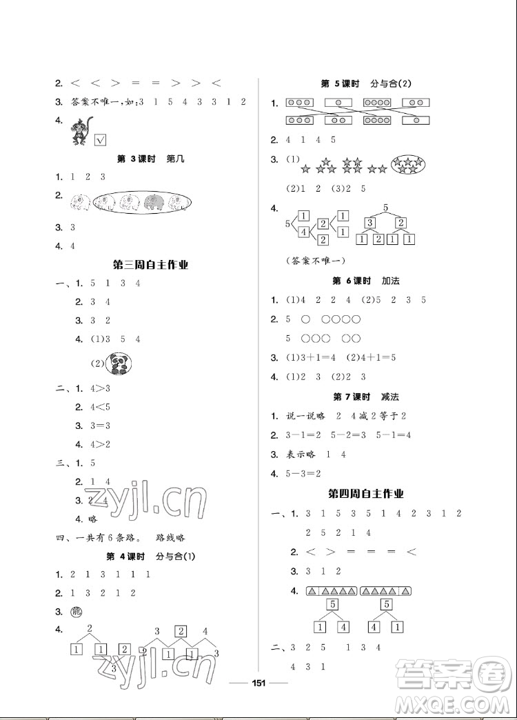 山東科學技術出版社2022秋新思維伴你學一年級上冊數(shù)學人教版答案