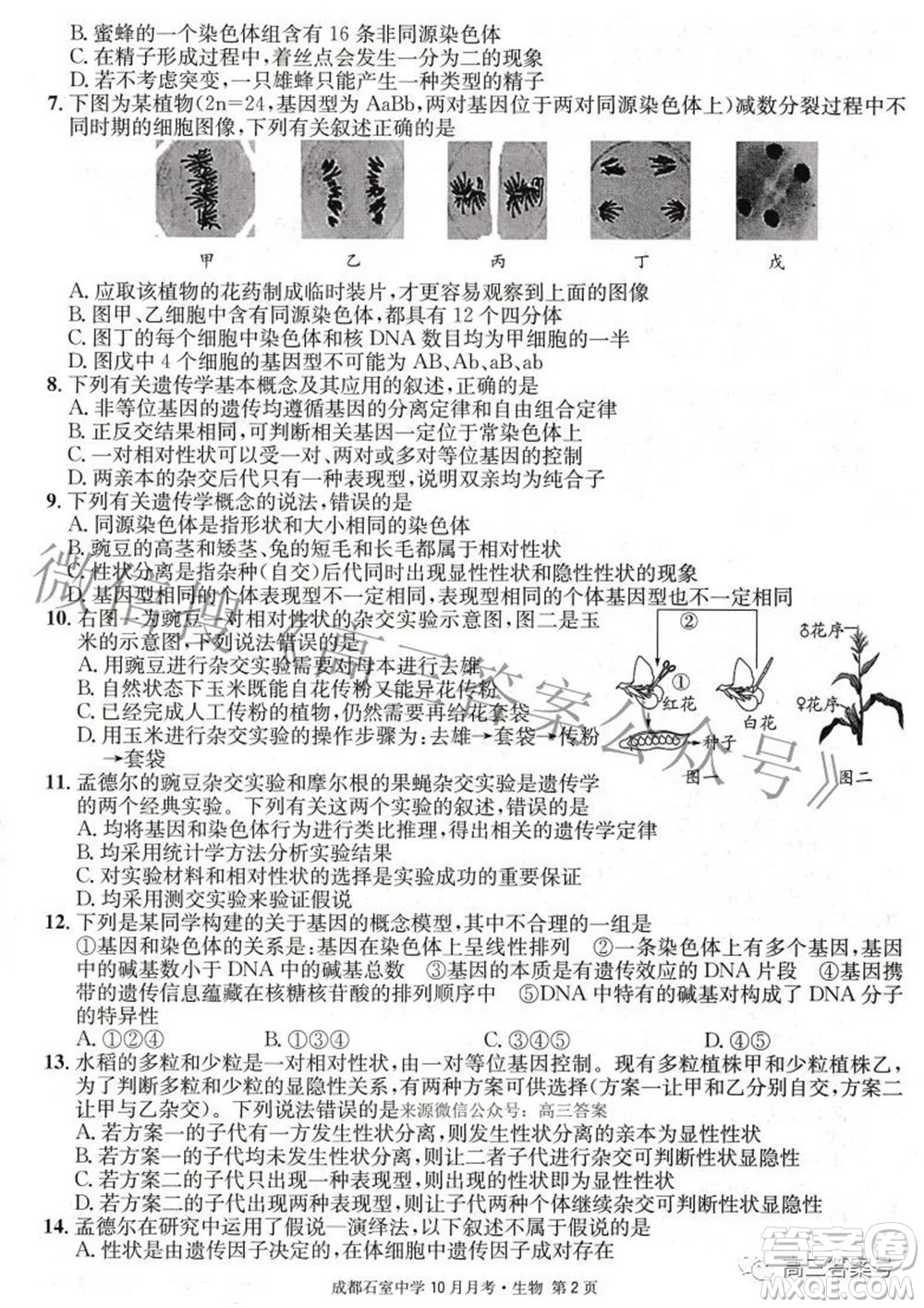 成都石室中學2022-2023學年度上期高2023屆10月月考生物試題及答案