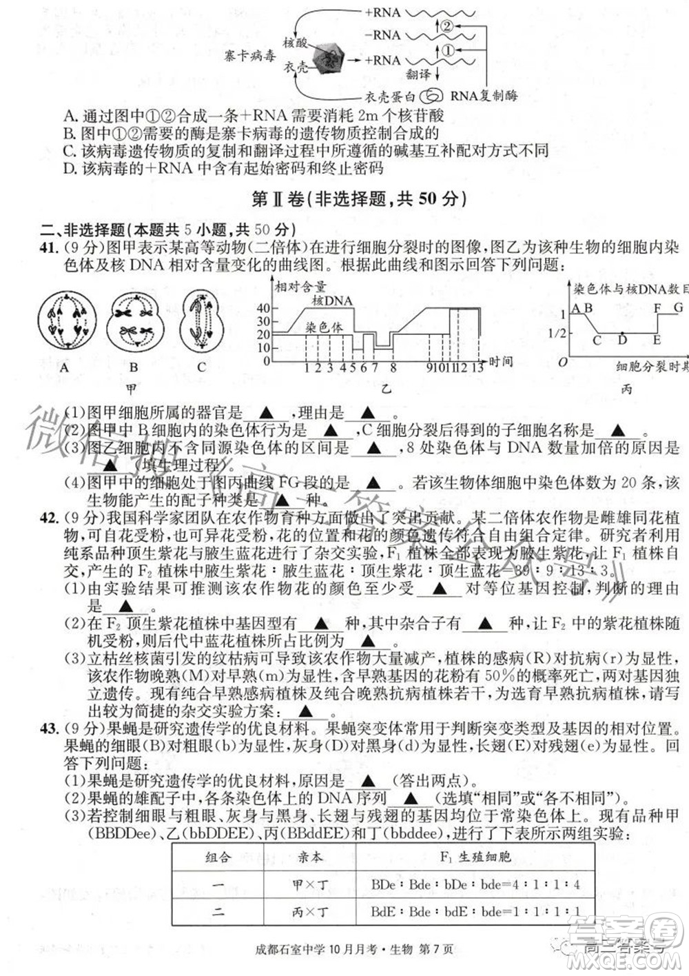 成都石室中學2022-2023學年度上期高2023屆10月月考生物試題及答案