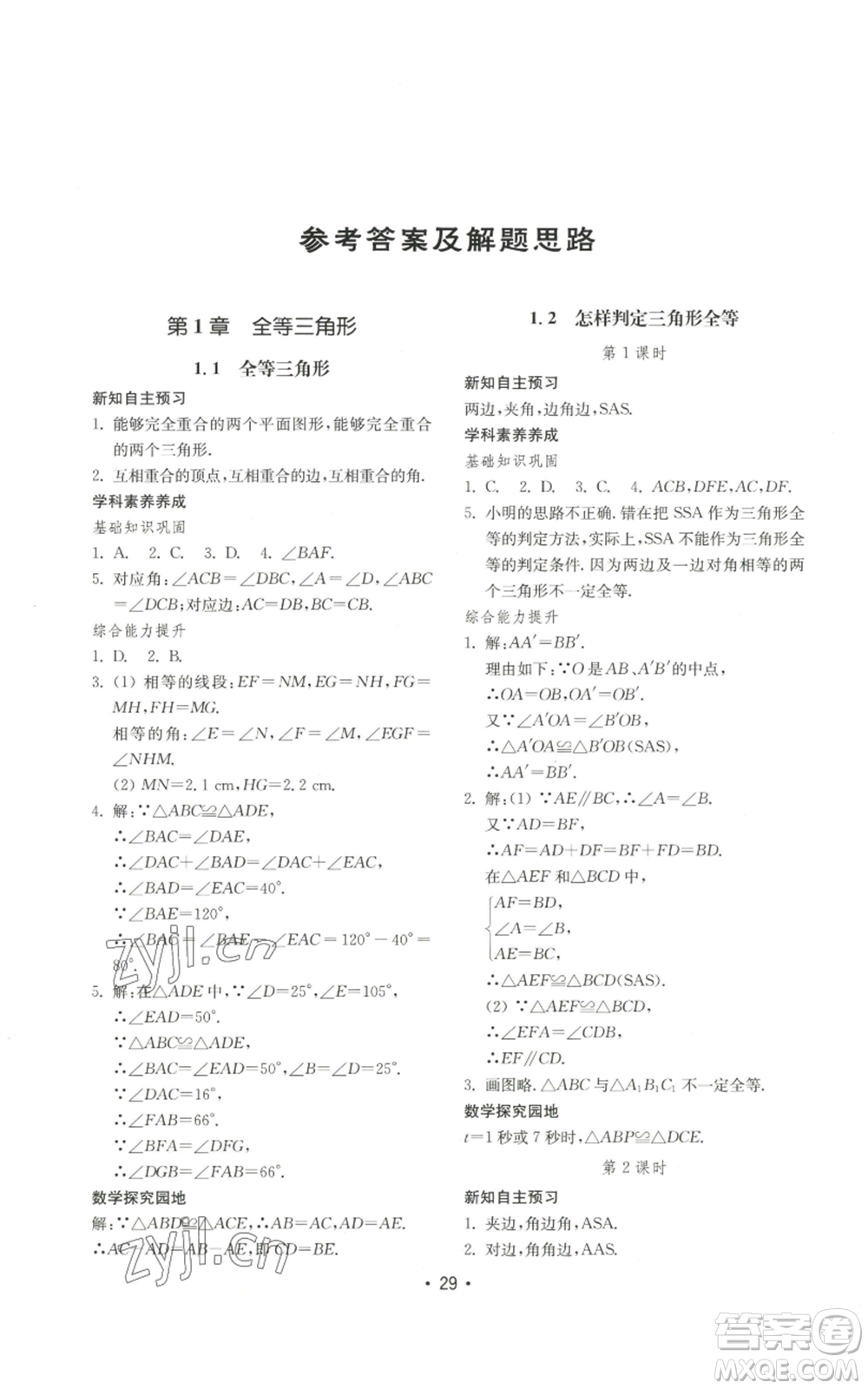 山東教育出版社2022初中基礎訓練八年級上冊數(shù)學人教版參考答案