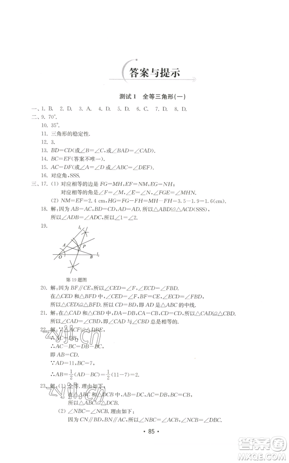 山東教育出版社2022初中基礎訓練八年級上冊數(shù)學人教版參考答案