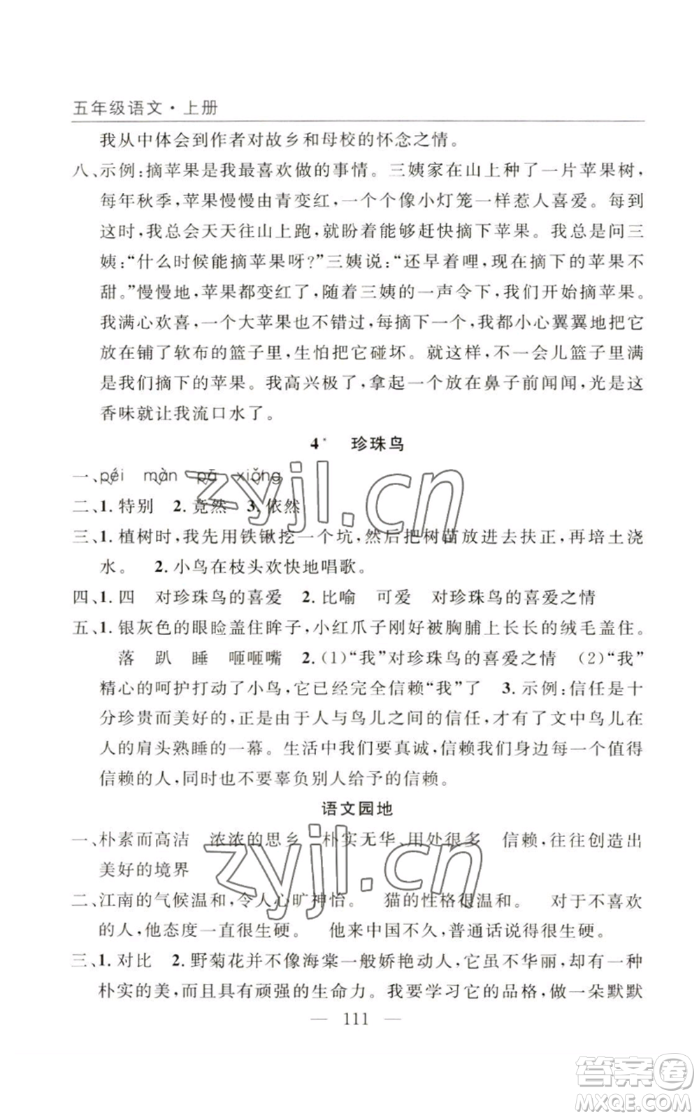 長(zhǎng)江少年兒童出版社2022優(yōu)質(zhì)課堂快樂(lè)成長(zhǎng)五年級(jí)上冊(cè)語(yǔ)文人教版參考答案