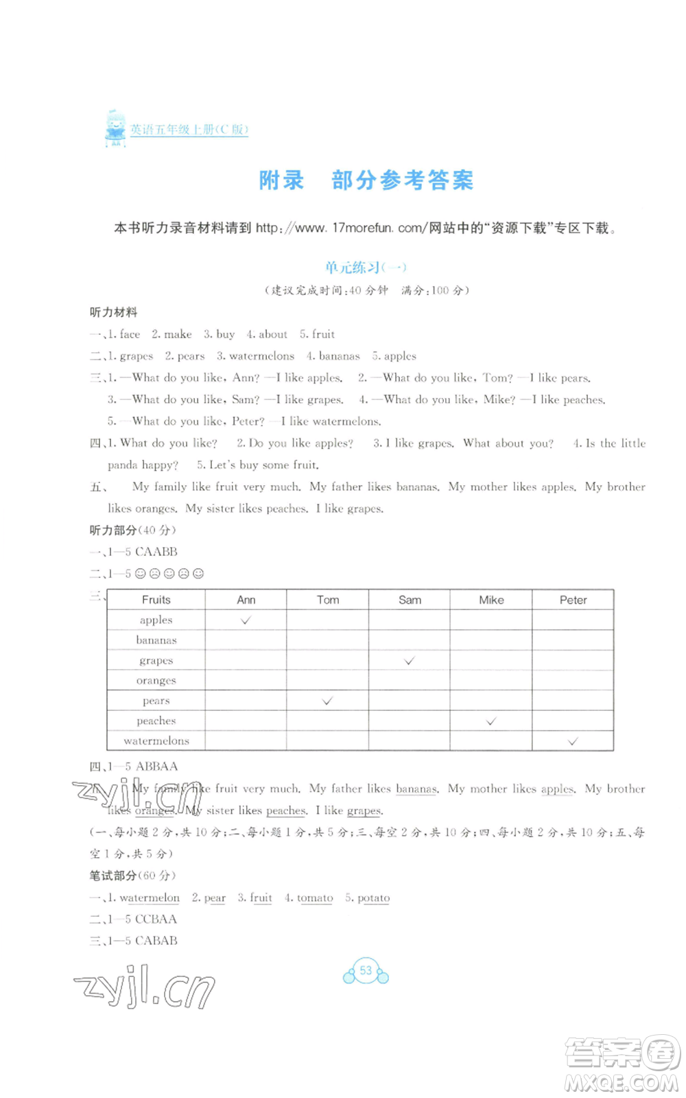 廣西教育出版社2022秋季自主學(xué)習(xí)能力測評單元測試五年級上冊英語通用版C版參考答案