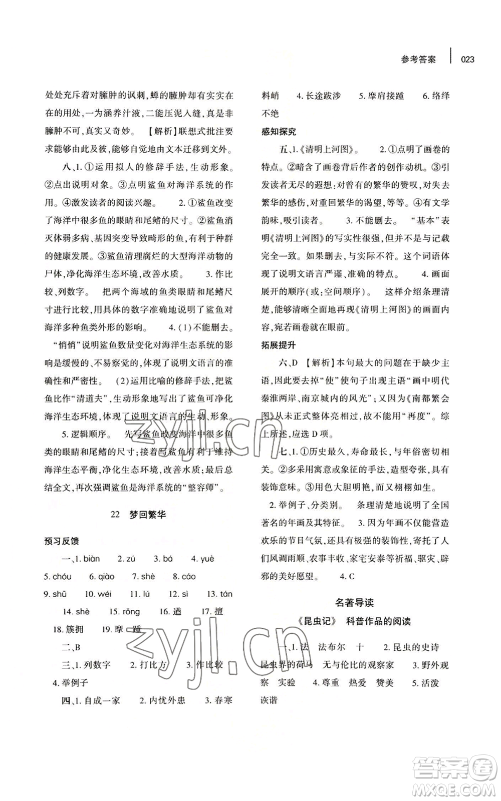 大象出版社2022基礎(chǔ)訓練八年級上冊語文人教版參考答案