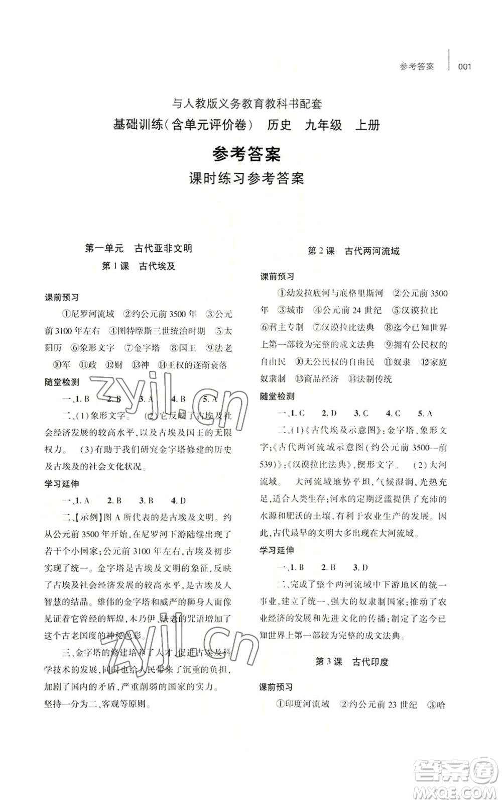 大象出版社2022基礎(chǔ)訓(xùn)練九年級(jí)上冊(cè)歷史人教版參考答案