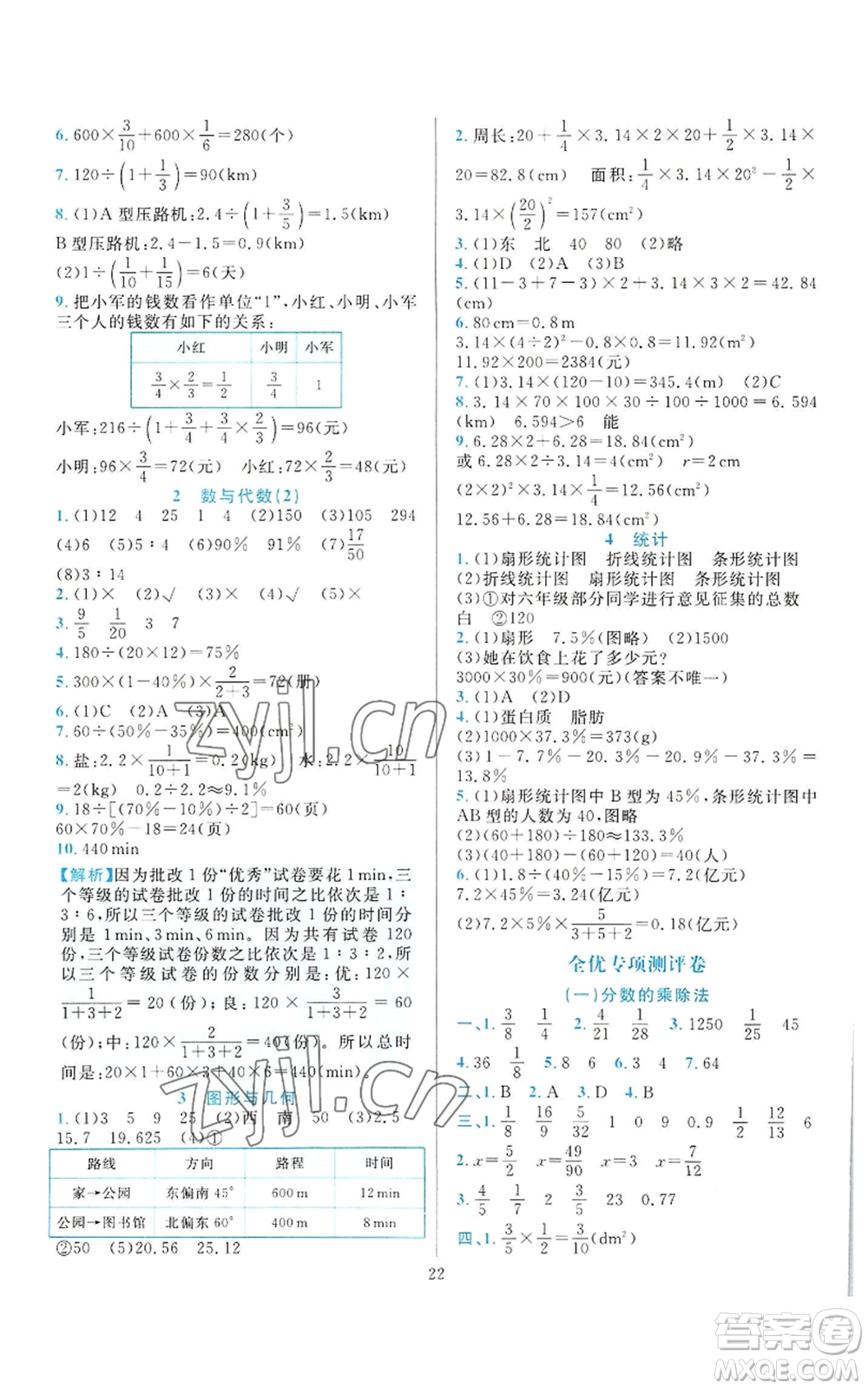 浙江教育出版社2022全優(yōu)方案夯實(shí)與提高六年級上冊數(shù)學(xué)人教版參考答案