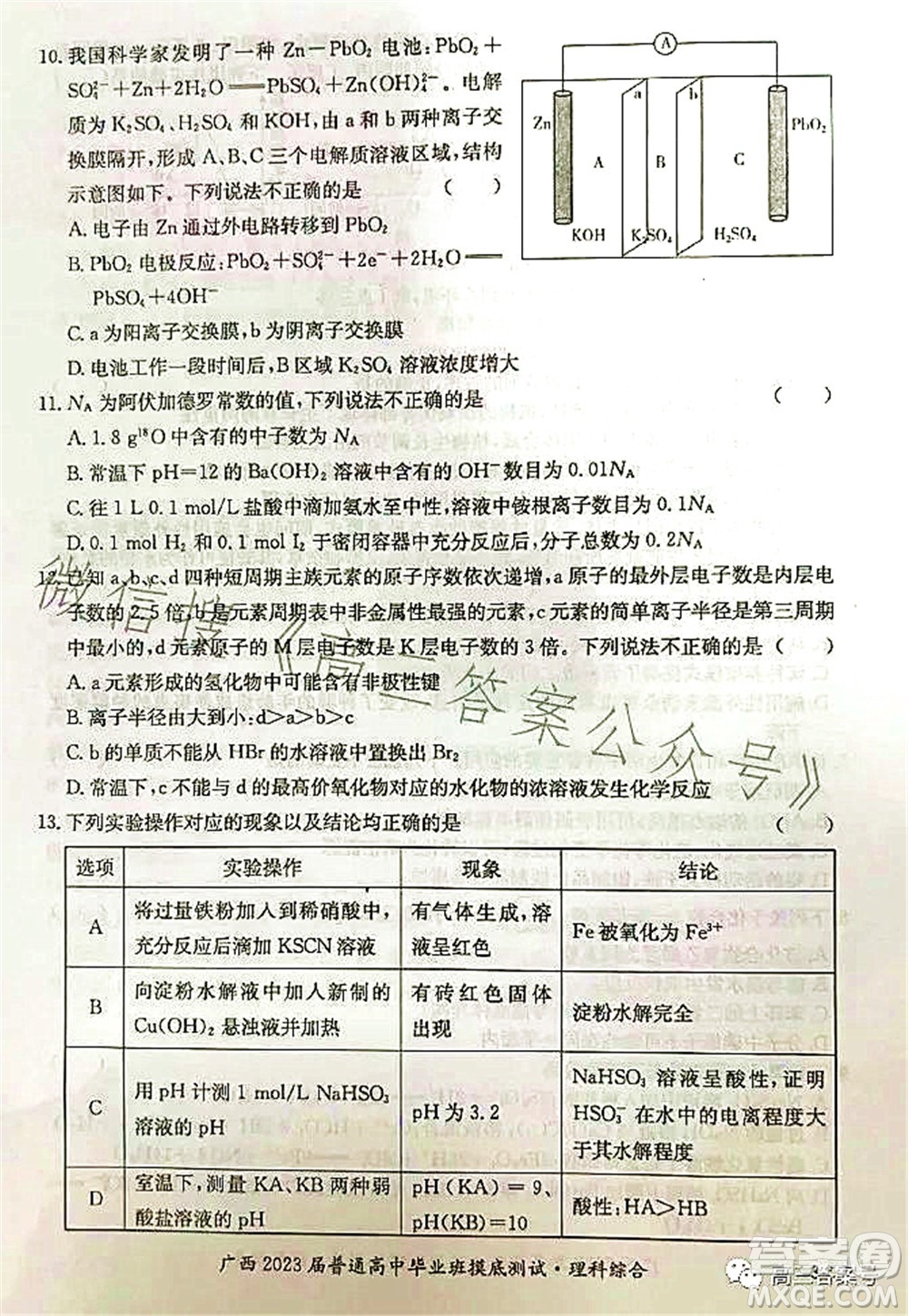 廣西2023屆普通高中畢業(yè)班摸底測試理科綜合試題及答案