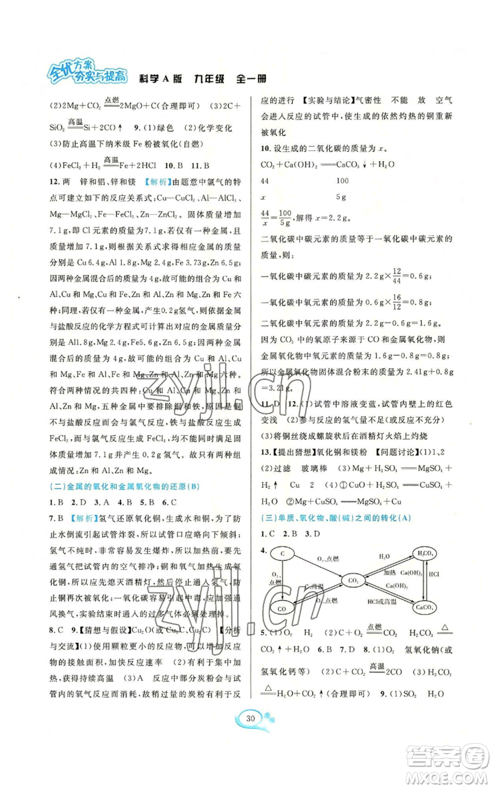 華東師范大學(xué)出版社2022全優(yōu)方案夯實(shí)與提高九年級科學(xué)華東師大版A版參考答案