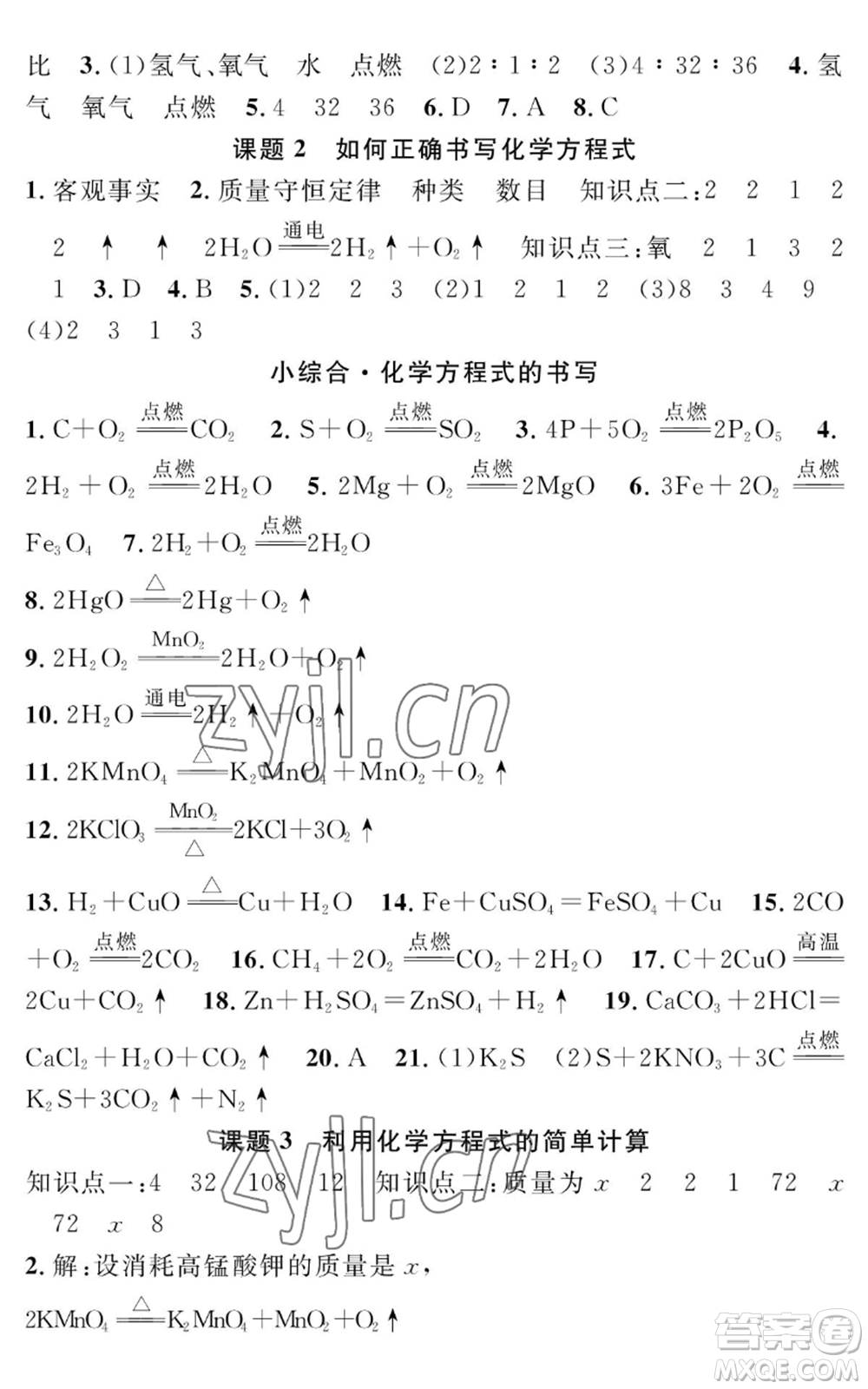 長江少年兒童出版社2022智慧課堂創(chuàng)新作業(yè)九年級上冊化學(xué)人教版參考答案