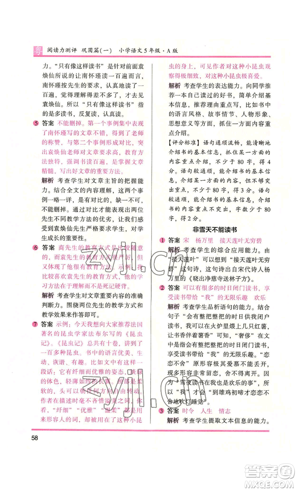 江蘇鳳凰文藝出版社2022木頭馬閱讀力測(cè)評(píng)五年級(jí)語文人教版A本廣東專版參考答案