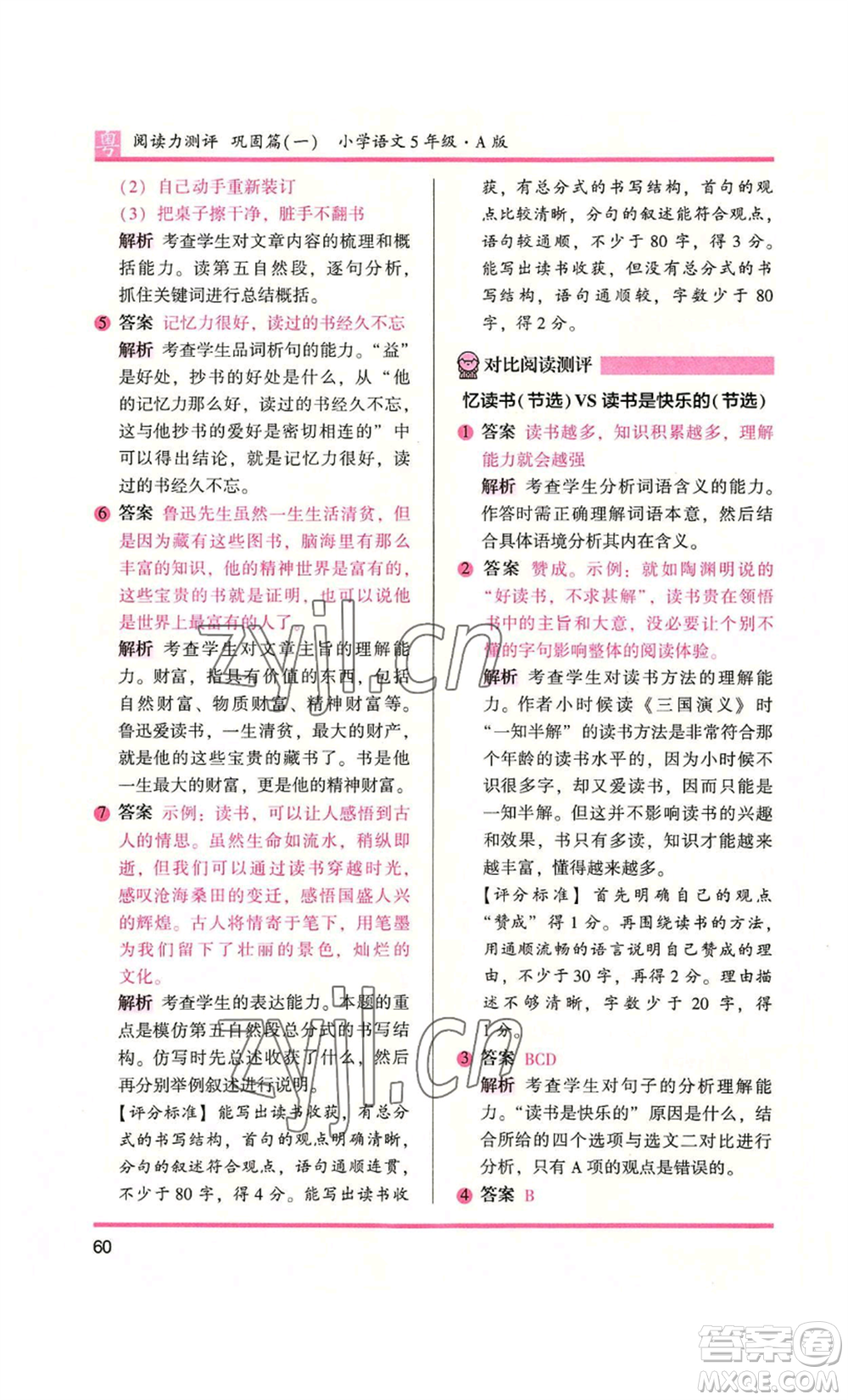 江蘇鳳凰文藝出版社2022木頭馬閱讀力測(cè)評(píng)五年級(jí)語文人教版A本廣東專版參考答案