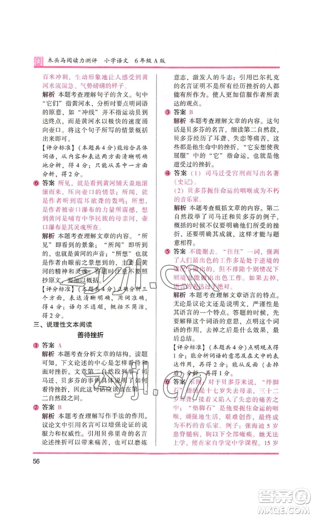 鷺江出版社2022木頭馬閱讀力測評六年級語文人教版A版福建專版參考答案