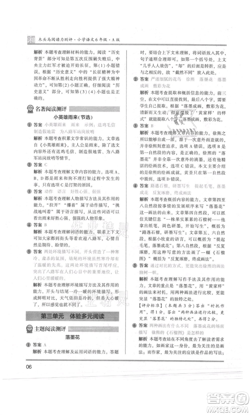 江蘇鳳凰文藝出版社2022木頭馬閱讀力測(cè)評(píng)六年級(jí)語(yǔ)文人教版A版湖南專版參考答案