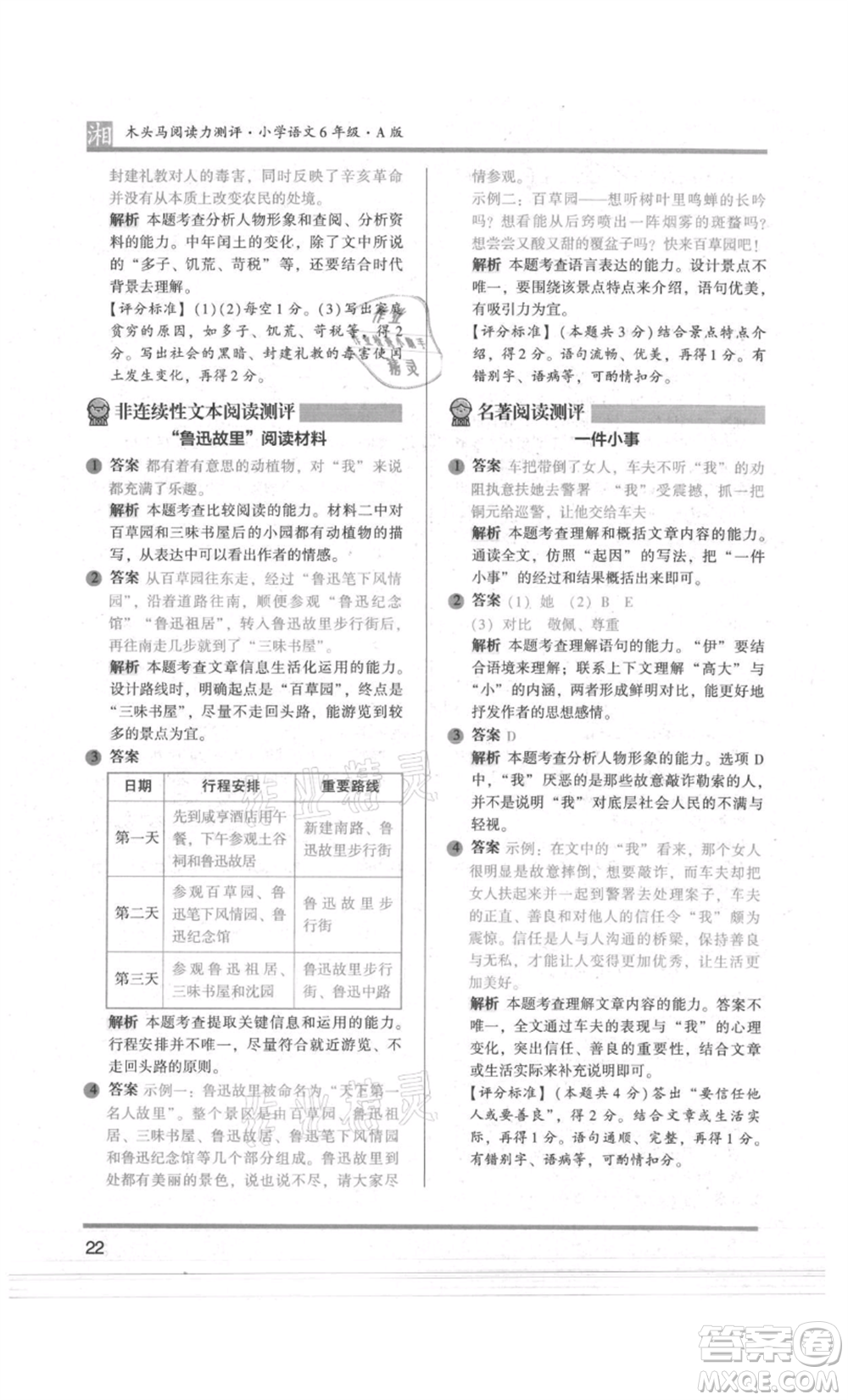 江蘇鳳凰文藝出版社2022木頭馬閱讀力測(cè)評(píng)六年級(jí)語(yǔ)文人教版A版湖南專版參考答案