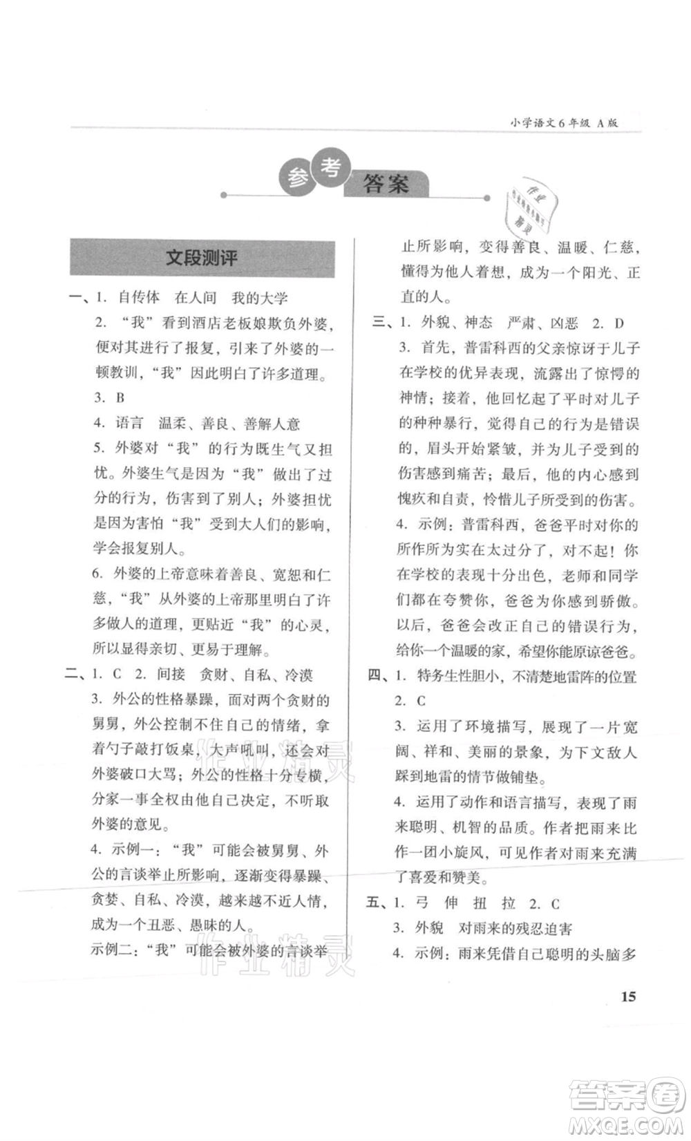 江蘇鳳凰文藝出版社2022木頭馬閱讀力測(cè)評(píng)六年級(jí)語(yǔ)文人教版A版湖南專版參考答案