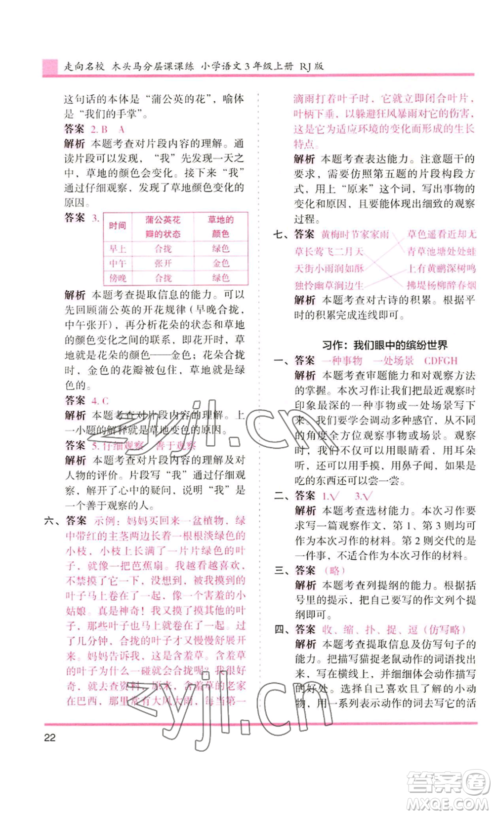 湖南師范大學(xué)出版社2022木頭馬分層課課練三年級上冊語文人教版浙江專版參考答案