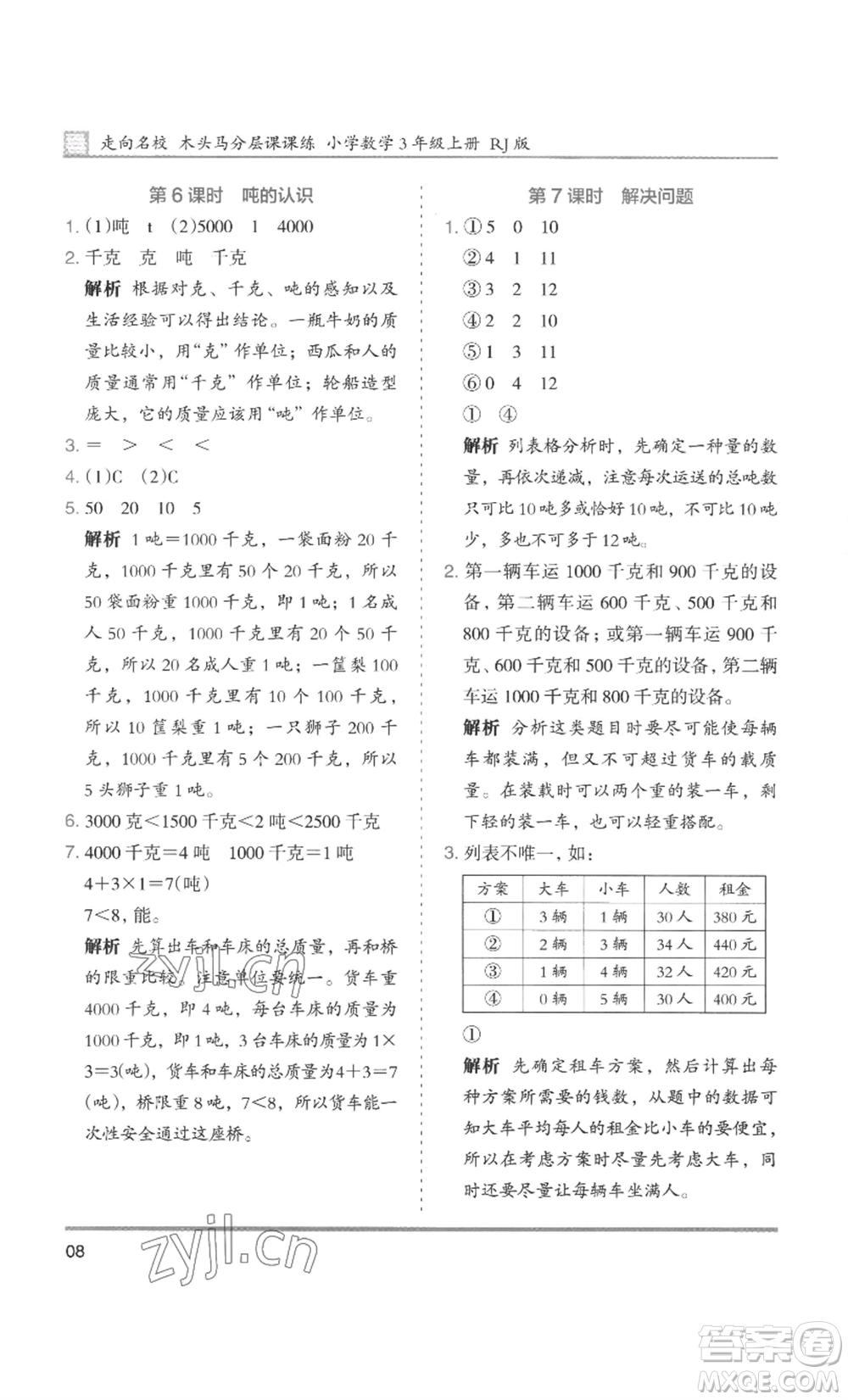 湖南師范大學(xué)出版社2022木頭馬分層課課練三年級上冊數(shù)學(xué)人教版浙江專版參考答案